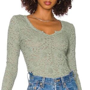Free People Cloud Nine Long Sleeve Lace Top in Sea Grass